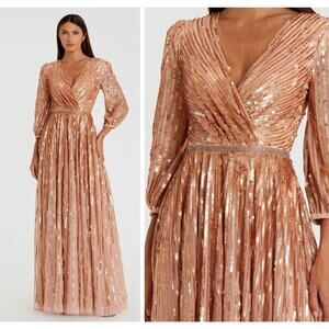 Mac Duggal A5509 Pink Size 8 Sequined Wrap Over 3/4 Sleeve Gown V-Neck NWT